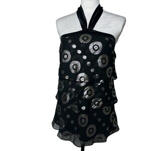 White House Black Market Black and Metallic Silver Halter Top Layered Disco Rave